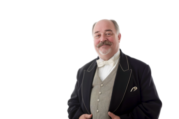 Smiling Senior Man in Formal Suit with Bow Tie on White Background