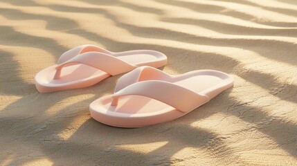 pair of light pink slippers on the golden sand beach