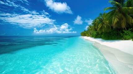 Naklejka premium The deep blue seawater surrounds white beaches and green coconut grove island