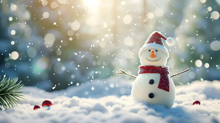 Merry christmas and happy new year greeting card with copy-spaceHappy snowman standing in christmas landscapeSnow background winter fairytale