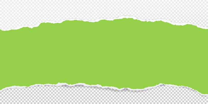 Green paper strip with torn edge and soft shadow is on squared background for text or ad.