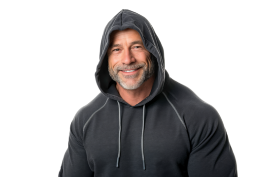 Smiling Muscular Senior Man in Black Hoodie on White Background