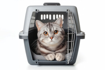 shorthair cat into an plastic pet carrier Isolated on white background