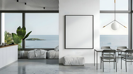 portrait white blank black framed canvas mockup in beach house