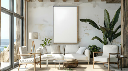 portrait white blank black framed canvas mockup in beach house