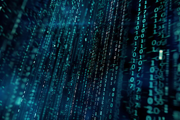 Background filled with cascading binary code, creating a digital and futuristic atmosphere, ideal for technology and programming themes