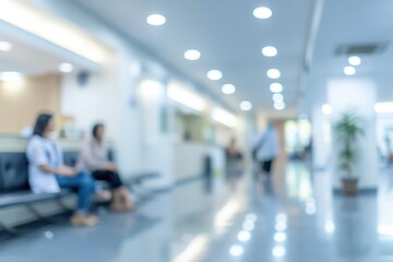 Fototapeta premium Blurred Waiting Room in Hospital with Patients and Medical Staff