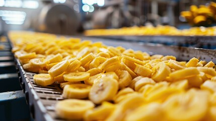 banana slices on the production line in a fruit factory, industry food concept