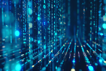 Background filled with cascading binary code, creating a digital and futuristic atmosphere, ideal for technology and programming themes