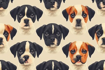 Minimalistic seamless pattern featuring charming cut puppies The design showcases the puppies in simple outlines with a limited color palette emphasizing their adorable features The background is