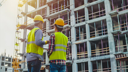Structural engineer and foreman worker with touch pad discuss, plan working for the outdoors building construction site