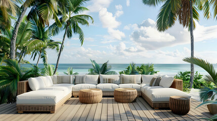 Fototapeta premium Tropical-themed 3D of a rattan straw sectional sofa set on a wooden deck, overlooking palm trees and a serene beach landscape