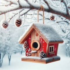 Naklejka premium a wooden red birdhouse hanging outdoors on a tree branch covered with snow in winter