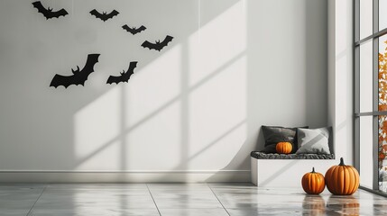Minimalist Halloween decor with pumpkins and bats in a bright white room. Concept of modern festive decor, autumn, indoor decoration, simplicity. Mockup