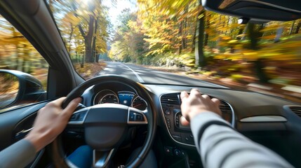 POV view of a driver in a car on a scenic autumn road. Concept of driving, autumn foliage, road trip, travel adventure