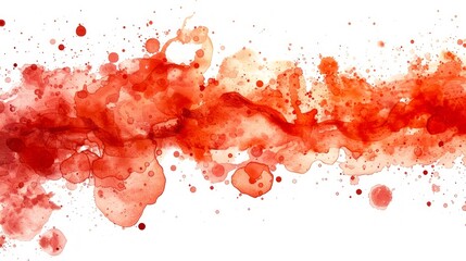 Abstract red paint splatter resembling blood on a white background. Chaotic and intense splash with different sizes of droplets and streaks. Concept of horror, violence, and artistic expression