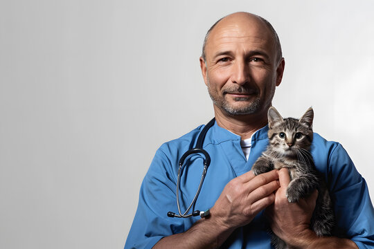 Veterinarian male doctor with stethoscope holding cute pet cat isolated on white background