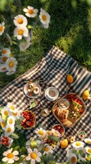 A picnic blanket with food on it in the grass