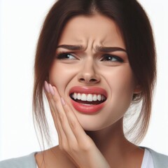 Obraz premium woman suffering from toothache holding his chin with his hand Isolated on white background