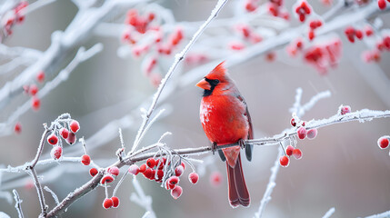 Red cardinal bird on a frosty tree branch with snow red berries in winter, Holiday and Christmas web banner.generative.ai