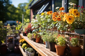 Flowed balcony with garden, bench and greenhouse., generative IA