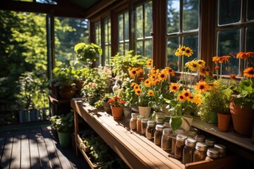 Flowed balcony with garden, bench and greenhouse., generative IA