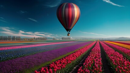 Fototapeta premium Vibrant Hot Air Balloon Soaring Over Blooming Tulip Quilt Landscape
