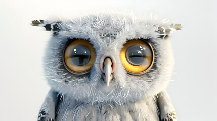 Fototapeta premium Adorable 3D Rendered Owl with Soft Textures and Captivating Big Eyes on White Background