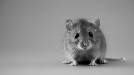 lack and white photograph of an adorable mouse on a gray background, suitable for various applications 