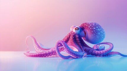 Naklejka premium Colorful 3D Octopus With Curved Tentacles Reflected On Glossy Surface Against Pink And Blue Gradient Digital Ocean Background