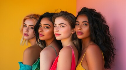 Obraz premium Beauty, diversity and portrait of women happy with makeup for cosmetic skincare isolated in studio background. Skin, aesthetic and young friends together for self care, dermatology and support