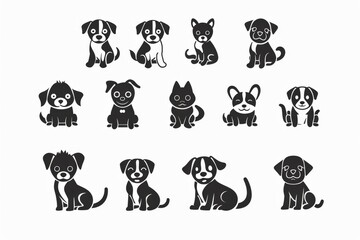 Cute funny cartoon dogs, black graffiti spray puppy pet pictogram, plastic dog figurine, toy set on white