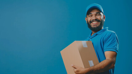 A cheerful delivery man wearing a blue uniform holds a cardboard box against a solid blue background, smiling widely.
