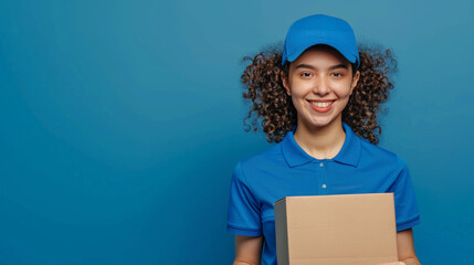 A cheerful delivery woman wearing a blue uniform holds a cardboard box against a solid blue background, smiling widely.
