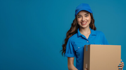 A cheerful delivery woman wearing a blue uniform holds a cardboard box against a solid blue background, smiling widely.
