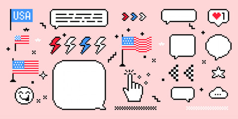Pixel art. 4th of July text messages illustration set. USA Independence Day. American flag, balloon, pixel speech bubbles. Y2k trendy playful pixelated stickers. 8 bit retro style vector illustration