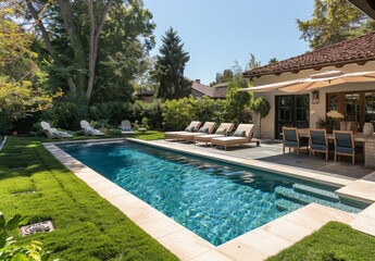 A beautifully landscaped backyard with a swimming pool, sun loungers, and a shaded outdoor dining area, perfect for relaxation and entertainment
