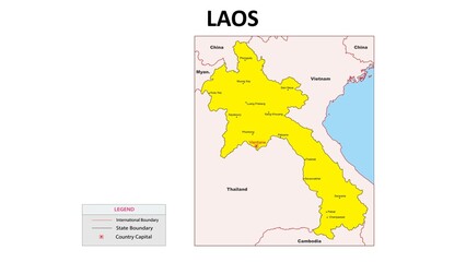 Laos Map. Major city in Laos. Political map of Laos with border and neighbouring country.