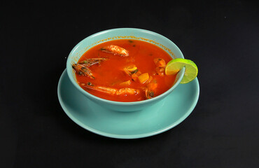 Shrimp Gazpacho with Roasted Red and Yellow Bell Peppers. Spanish soup. View from above, top studio shot