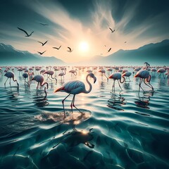 A flock of hungry flamingos looking for food in the middle of the sea, flying around looking for food in the middle of the sea in groups, Generative AI