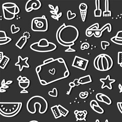 Messy white hand drawn travel vector seamless pattern with linear doodle elements on dark background 