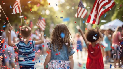 A diverse group of children, standing next to each other, celebrating Democracy Day and American Flag Day, back view