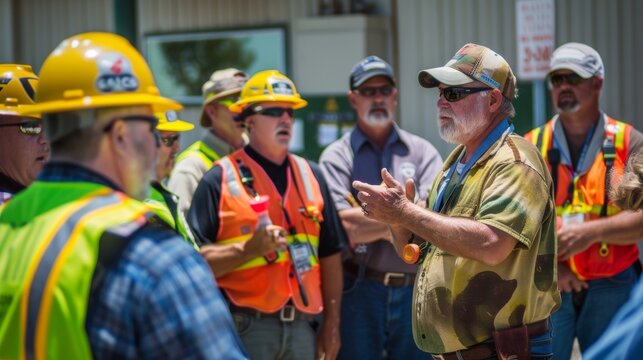 Workers gathered in a safety meeting discussing best practices and reviewing emergency procedures to keep each other safe on the job.