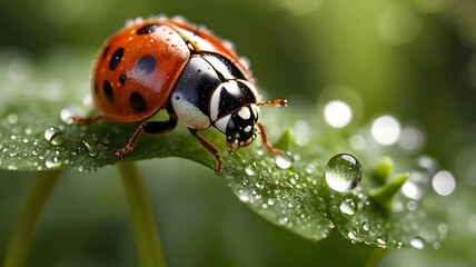 Fototapeta premium Close-up photo of a red ladybug Perched on a branch after rain.