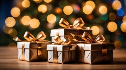 Christmas gift boxes with bokeh background of Christmas tree lights
