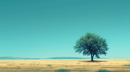 Fototapeta premium Abstract minimalist landscape with a single tree in a vast, open field under a clear sky
