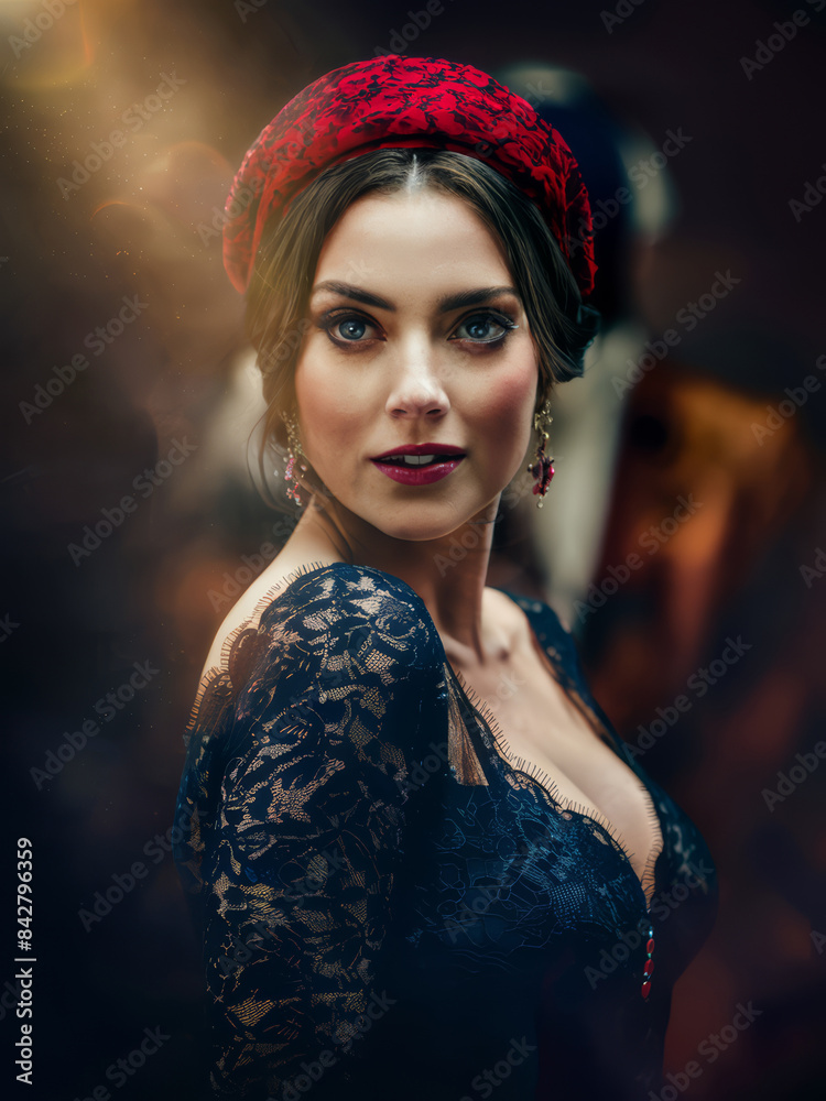 Wall mural a woman in a red headband and dress with dark makeup, ai