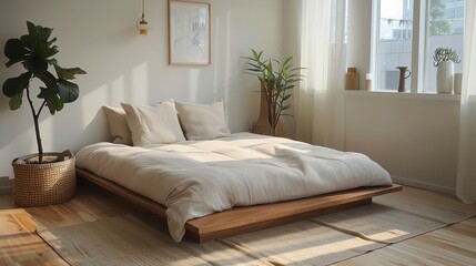 Clean, minimalist bedroom with a platform bed, neutral bedding, and simple decor