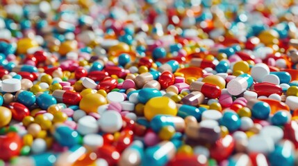 diverse array of colorful pills and capsules scattered on a surface representing the complexity of modern healthcare and medicine digital photography