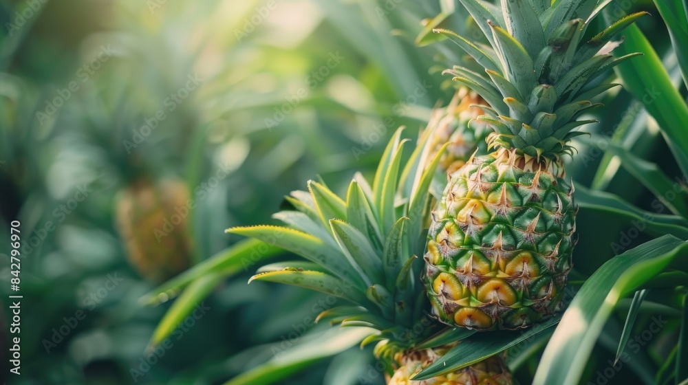 Sticker fresh pineapple close up on tree in a farm